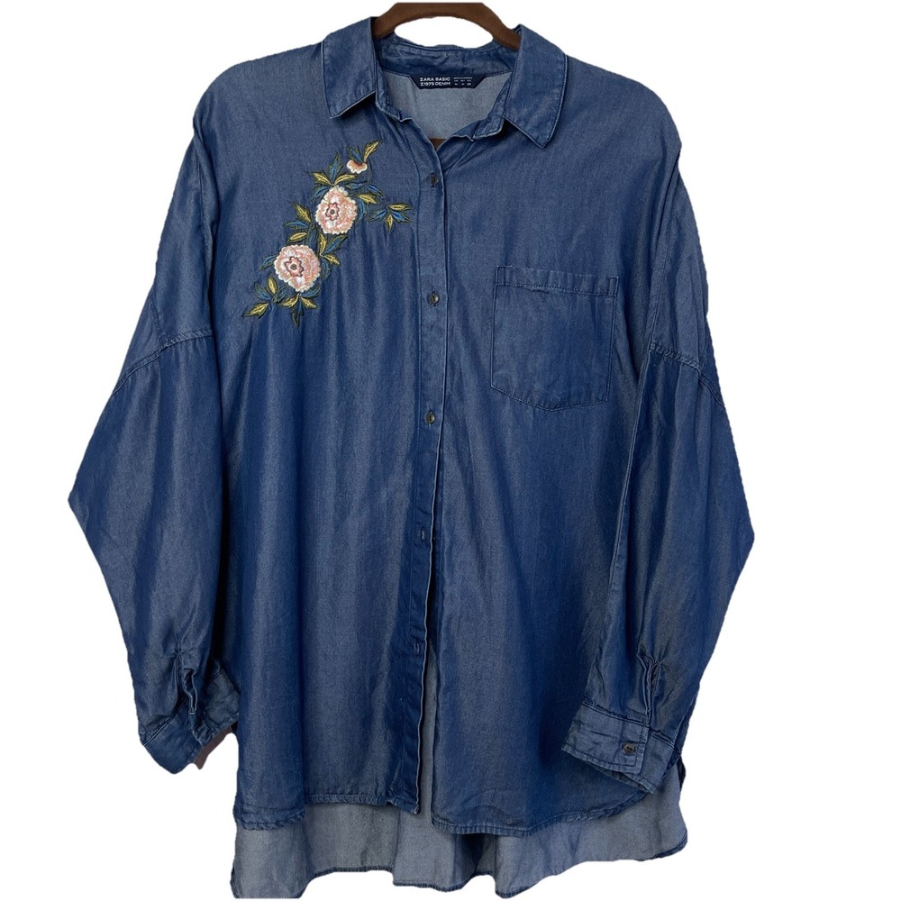 Zara‎ Oversized Batwing Denim Chambray Embroidered Tunic Women's Size M Western - Picture 8 of 10